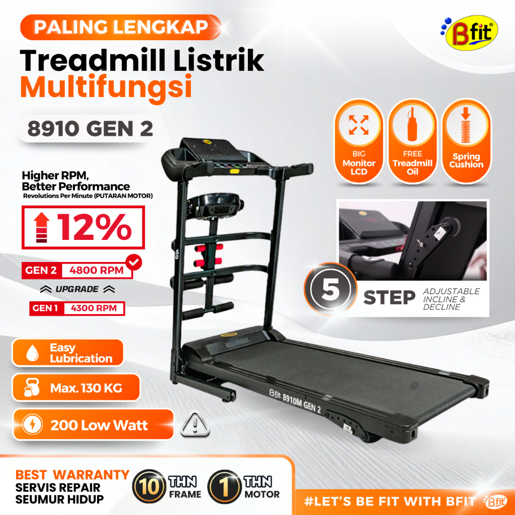 (SEMARANG) Treadmill Elektrik BFIT 8910 Multifungsi Murah Listrik Lipat Portable Low Watt Fitness