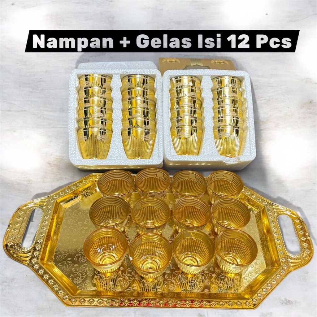 Paket Nampan Gelas Zam Zam 12 Gelas Cucing Plastik Kaca Metal 27x16cm