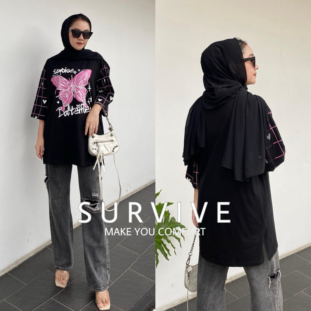 Survive ~ Kaos Tunik Wanita Black “Butterfly” Oversize