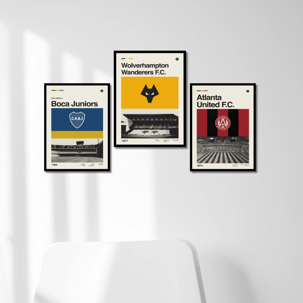 Poster Dinding Sepak Bola Minimalist Aesthetic -  Panel Klub Boca Juniors, Wolves, Atlanta United - 