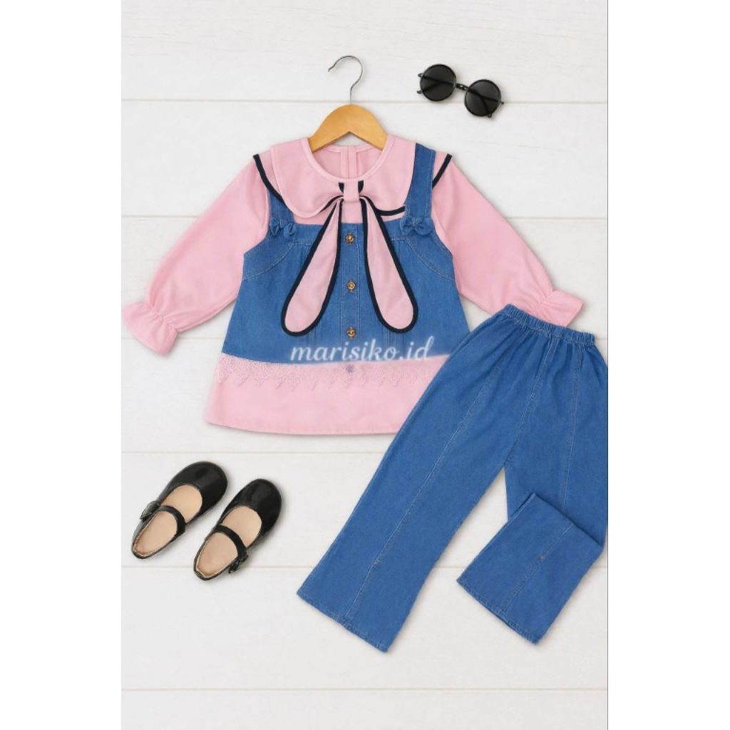 Setelan 3 in 1 anak perempuan bahan levis motif rompi baju bahan katun polimicro usia 3-12 tahun