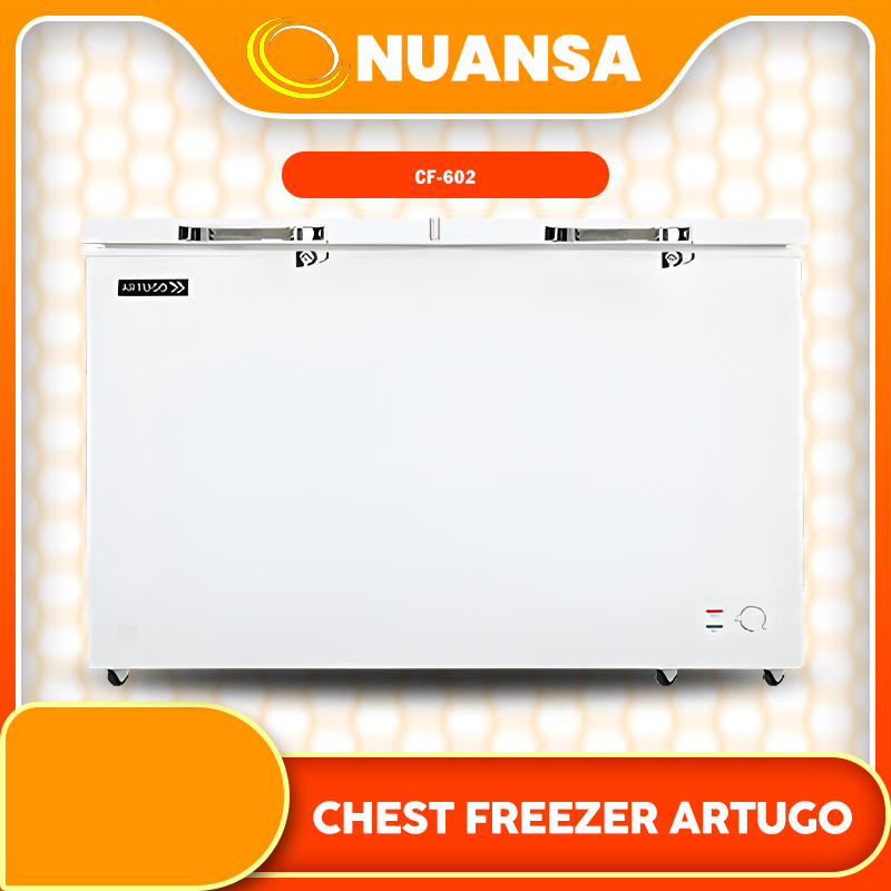 Artugo Chest Freezer CF 602 adalah freezer box 2 pintu berkapasitas 600 liter dengan daya 240 watt, 