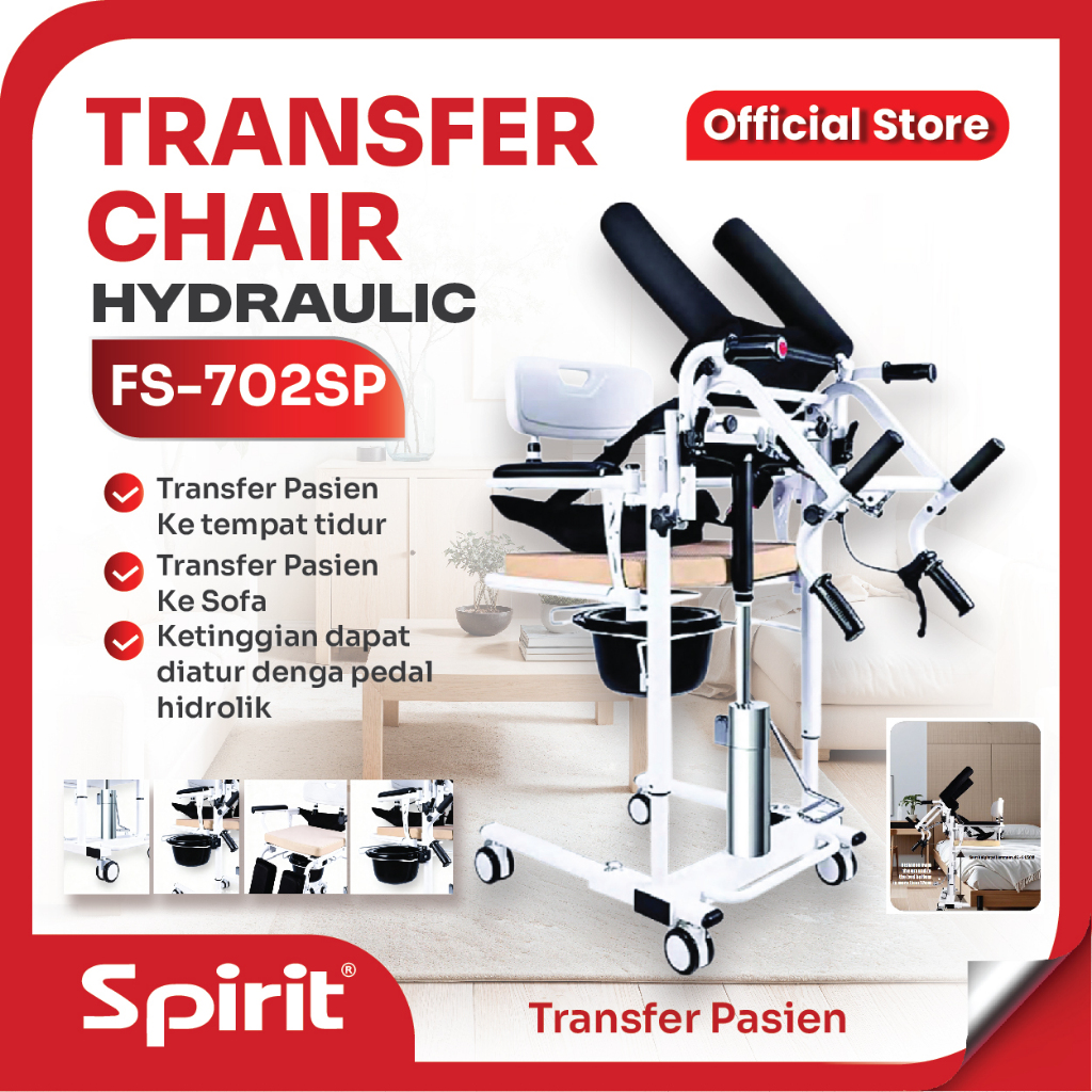 SPIRIT  I Transfer Chair Pasien Hidrolik FS702SP + Commode Chair l Kursi Roda Transfer + Tempat BAB