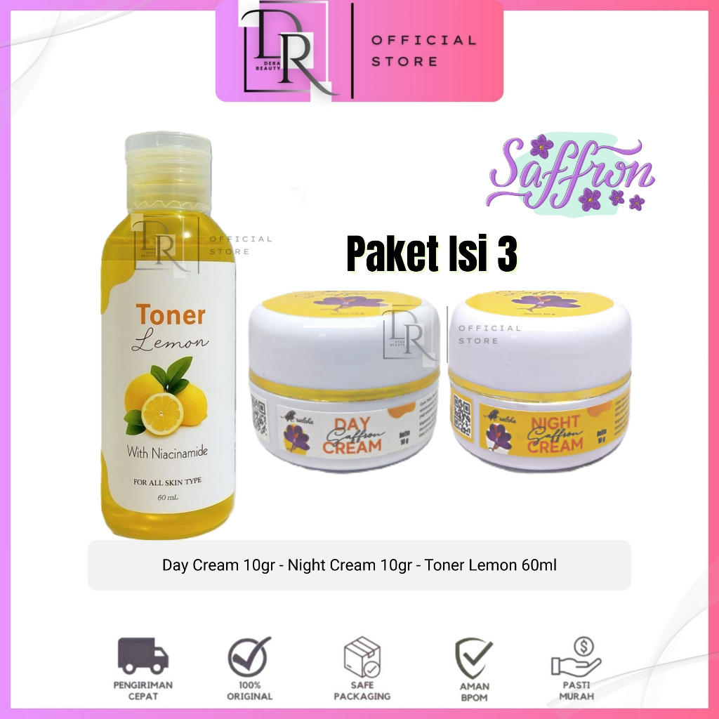 [Isi 3] Paket Hemat Perawatan Wajah Saffron - Toner Extrak lemon Day Cream Night Cream ORIGINAL BPOM