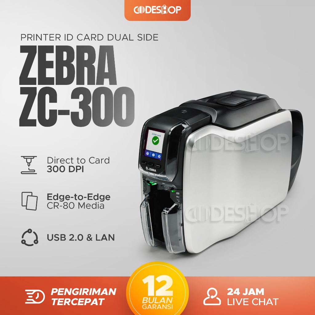 Zebra ZC300 Dual Side Printer ID Card Cetak Kartu PVC CR80 Warna Full Color Dua Sisi USB LAN 300dpi