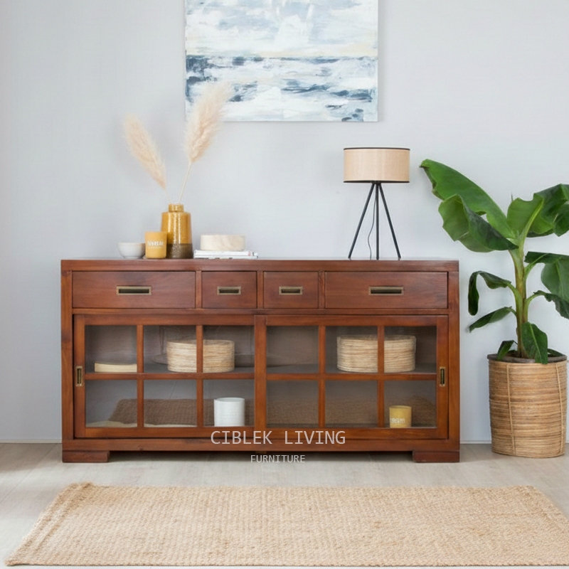 BUFFET SLIDING 2 PINTU 175cm JATI PINTU KACA MINIMALIS TEAK FURNITURE