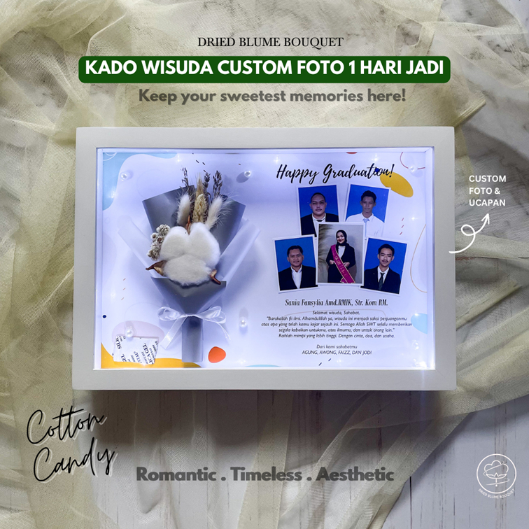 Kado Wisuda Bingkai Estetik Flower in Frame Custom Foto dan Ucapan Kenangan Kelulusan Cotton Candy