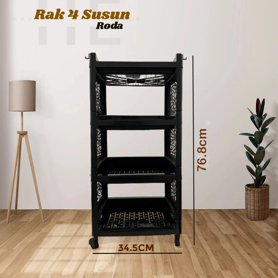 RAK MULTIFUNGSI 4 SUSUN HITAM + RODA / RAK YEYE SERBAGUNA 4 SUSUN