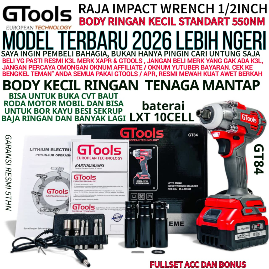 GTOOLS GT84 IMPACT WRENCH BESAR 550NM BODY KECIL IMPACT JUMBO GTOOLS / GT 84