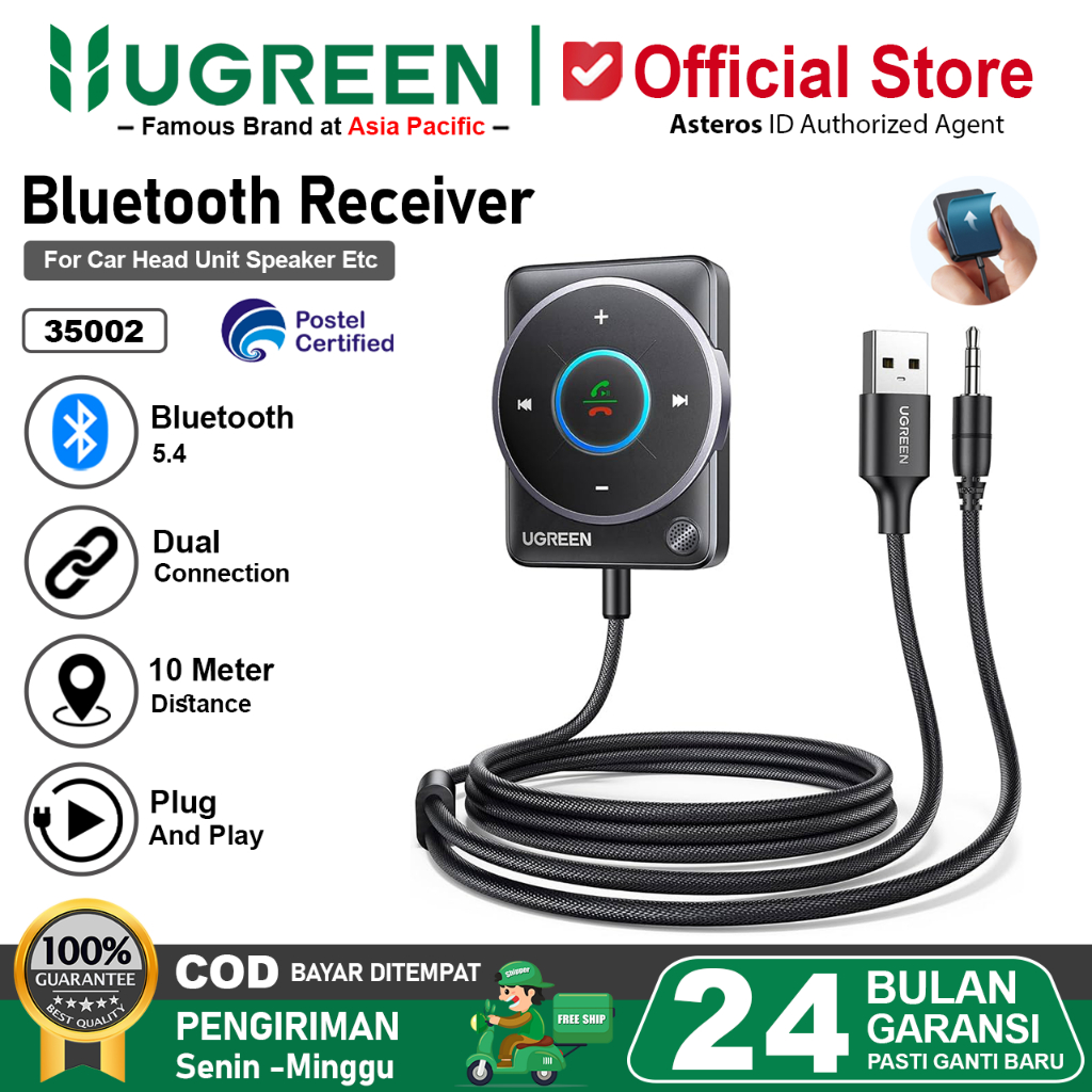 UGREEN USB Bluetooth 5.4 Car Receiver Adapter with Dual Mic Active Noise Cancellation 35002