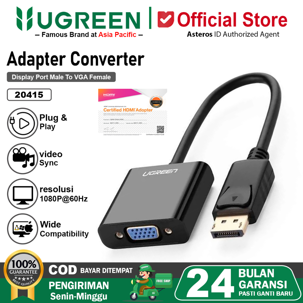 UGREEN Adapter Display Port to VGA Converter DP to VGA 1080P 60Hz 20415