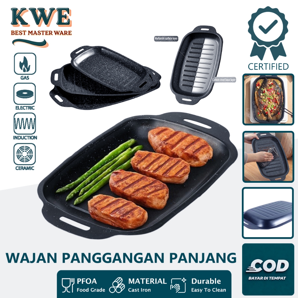 KWE Wajan Panggangan Panjang Portabel Anti Lengket Tahan Panas 28CM 32CM 36CM BBQ Grill Pan Korea Da