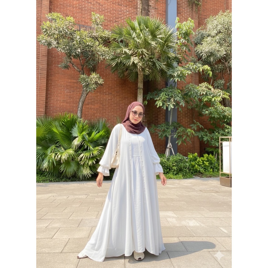 Gamis Couple Anak Kanza Raya Warna Putih Inner Putih Set Kerudung