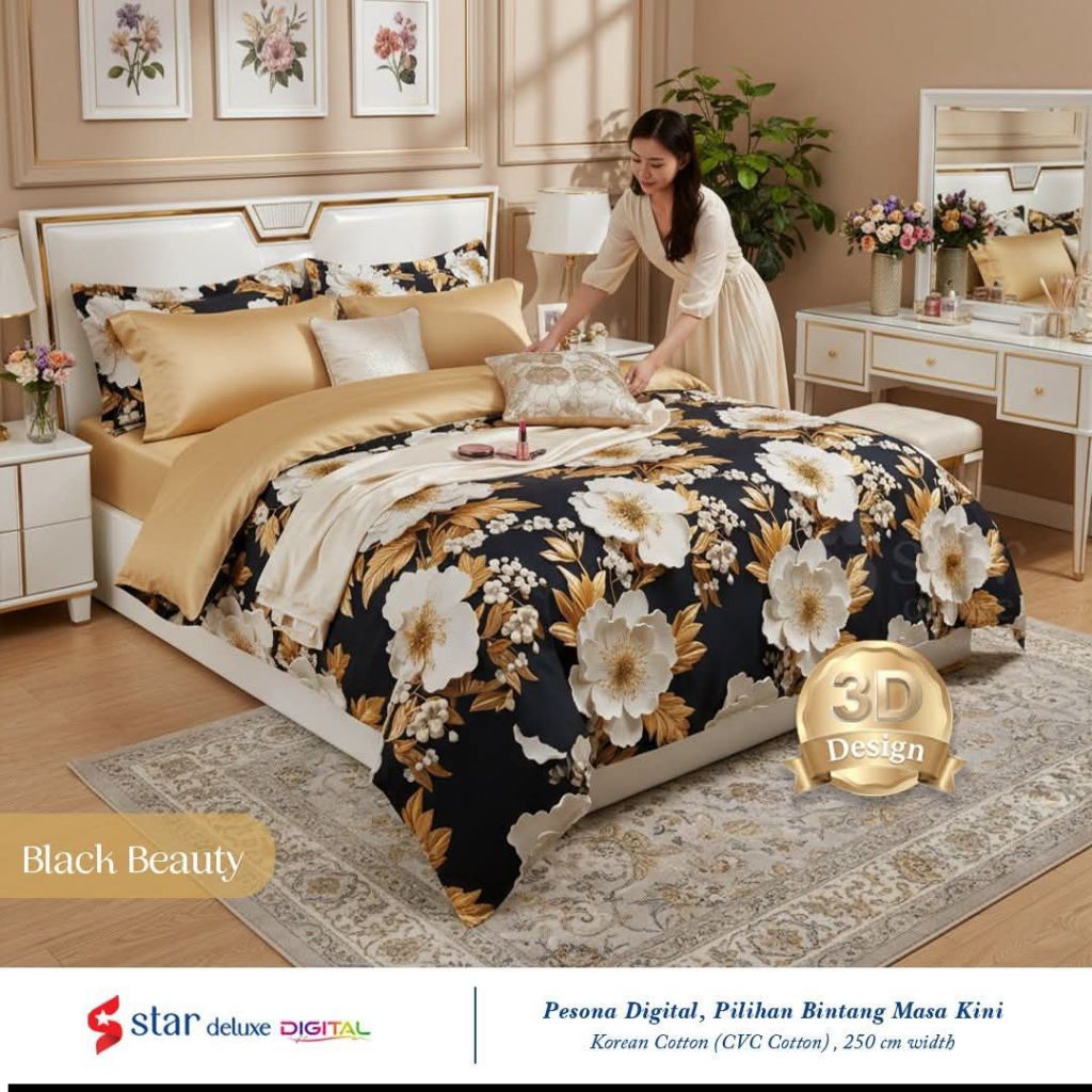 Bahan Sprei Katun CVC Motif Bunga Hitam Star, Esra, Bintang Kecil Lebar 2.5m