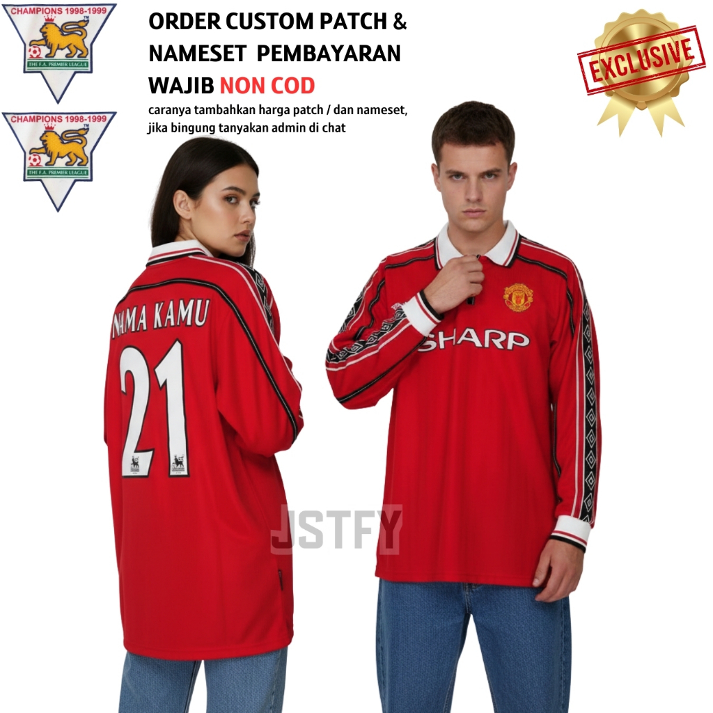 Jersey Retro LongSleve Mnchstr Untd Home 1998 1999 Long Sleeve LS Lengan Panjang Sharp momen Treble 