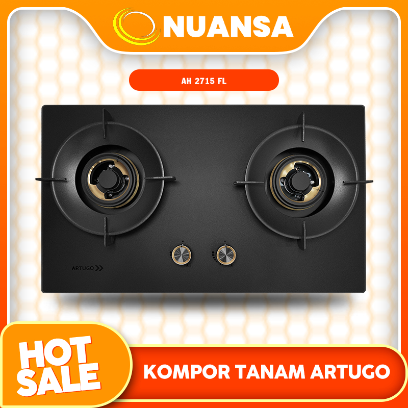 ARTUGO Built-in Gas Hob AH 2715 FL adalah kompor tanam 2 tungku berwarna Black Ice (kaca es) yang di