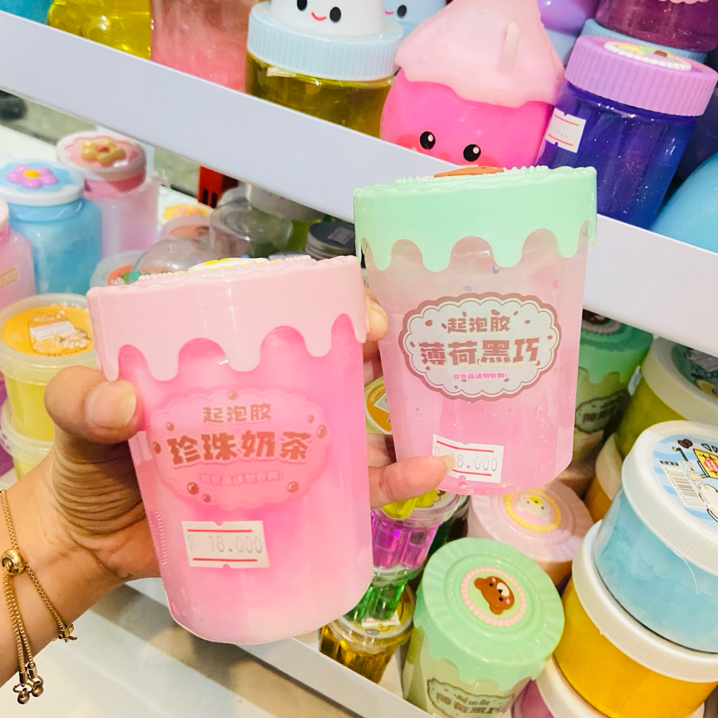 Slime cup tutup glaze meleleh hijau/pink