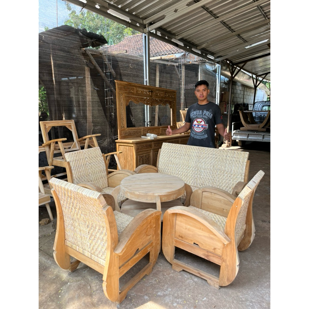 kursi sedan babon rotan mentah kayu jati TPK merah