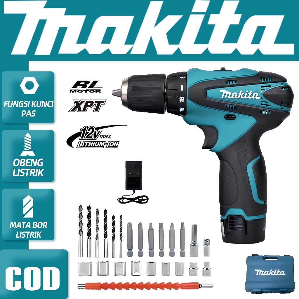 [Promosi Acara]MAKITA DF330D  Bor Tanpa Kabel 12V Lithium Ion Industrial Grade Dual Baterai 1 Charge