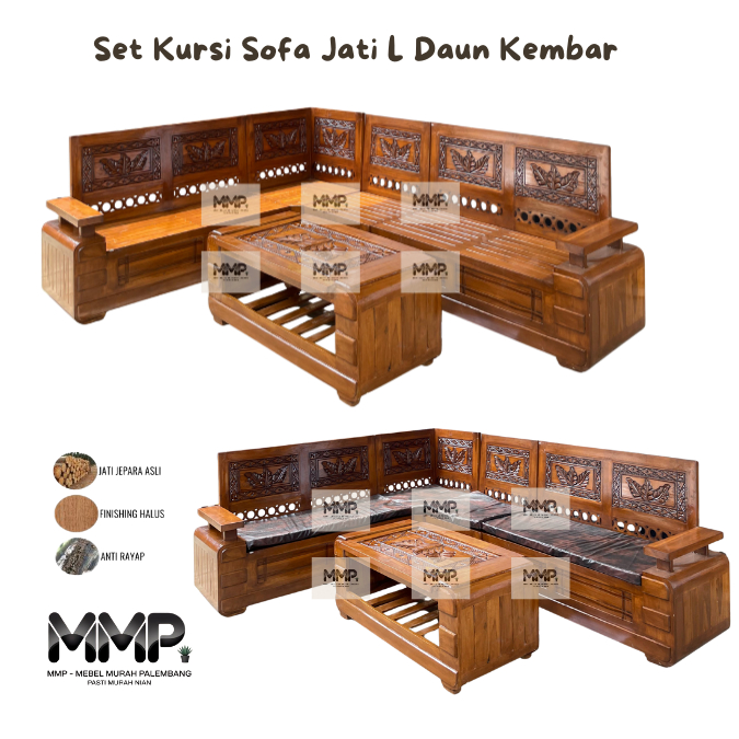 Set Kursi Sofa Jati L Daun Kembar | Kursi Sofa Tamu Jati  Jepara Asli Murah Palembang