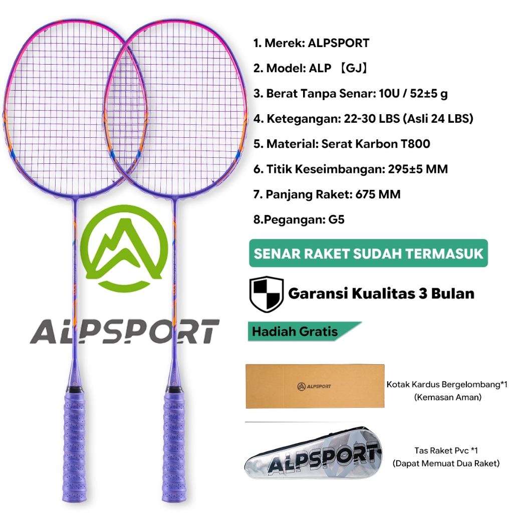 ALPSPORT GJ Max 35LBS 10U 52g Raket Bulutangkis Ungu Hitam Merah Senar Grip Terpasang Premium Full C