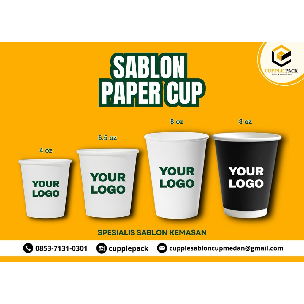 Sablon Paper cup 4 oz, 6,5 oz dan 8 oz + tutup