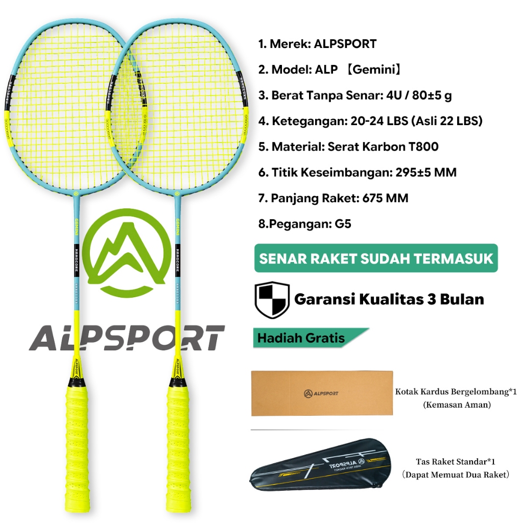 ALPSPORT SZZ Set 2 Raket Bulutangkis + Tas 4U G5 Full Carbon Serat Karbon T800 22-28Lbs Senar Pegang