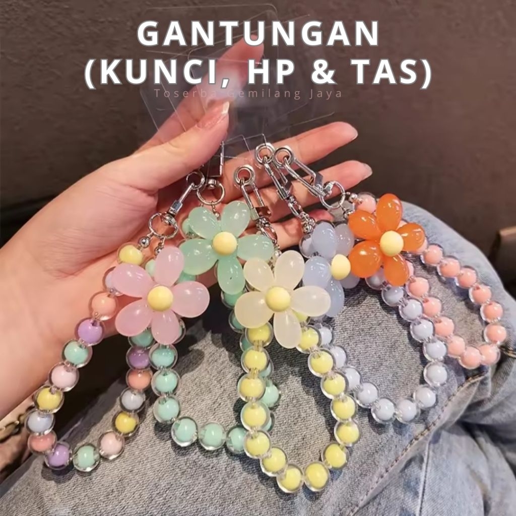 Toserba Gemilang Jaya _ Gantungan Kunci Ponsel Warna-warni Macaron dengan Liontin Manik-Manik Bunga,