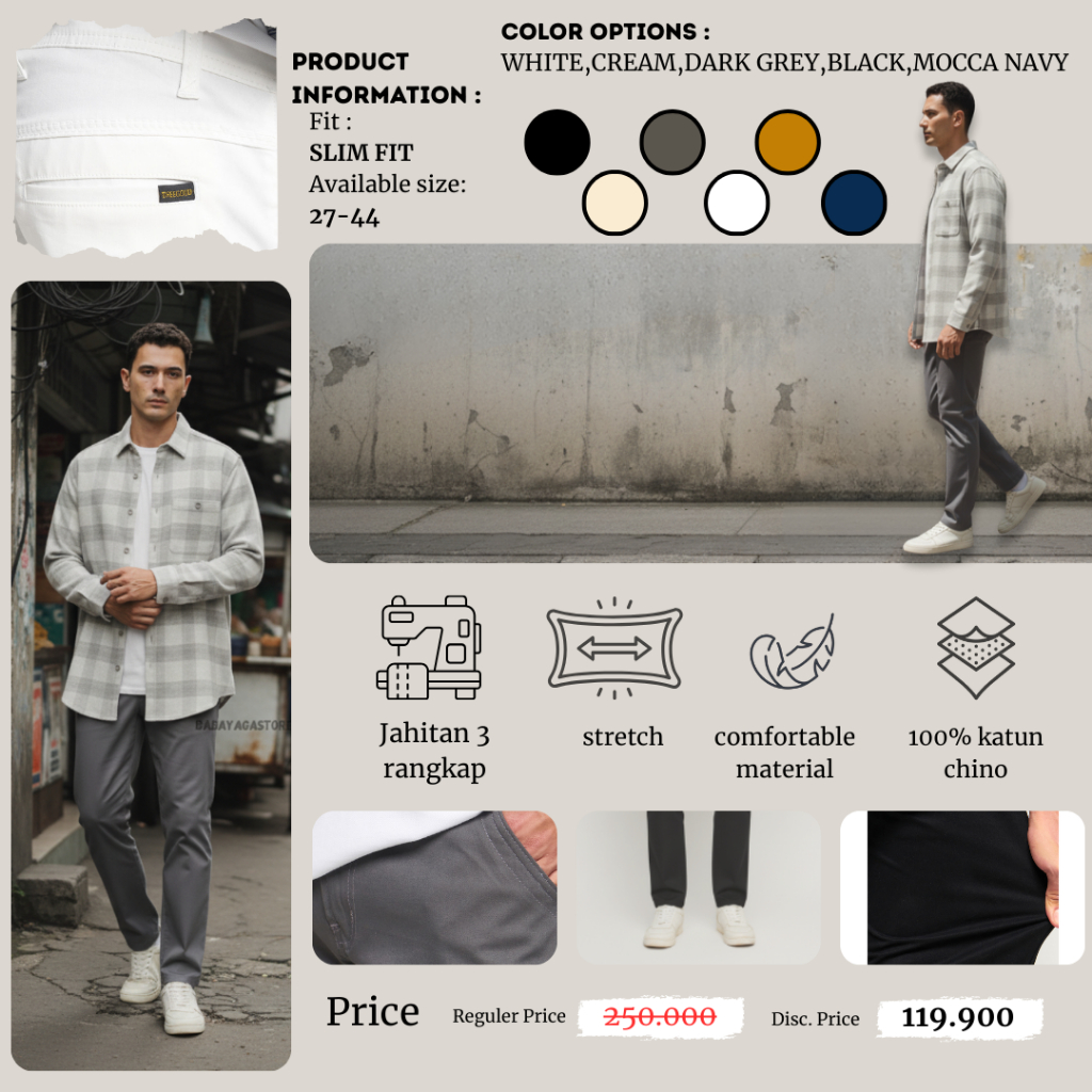 bestpromo babayaga celana chino putih super jumbo pria - celana panjang putih slimfit