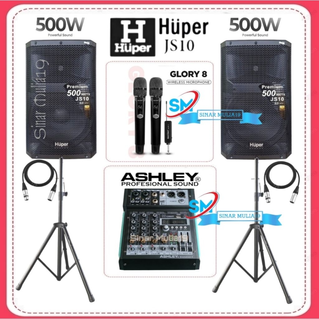 Paket Sound System Live Musik [ Karaoke ] Speaker HUPER JS10 Mixer ASHLEY 4 Channel Bluetooth Mic Wi