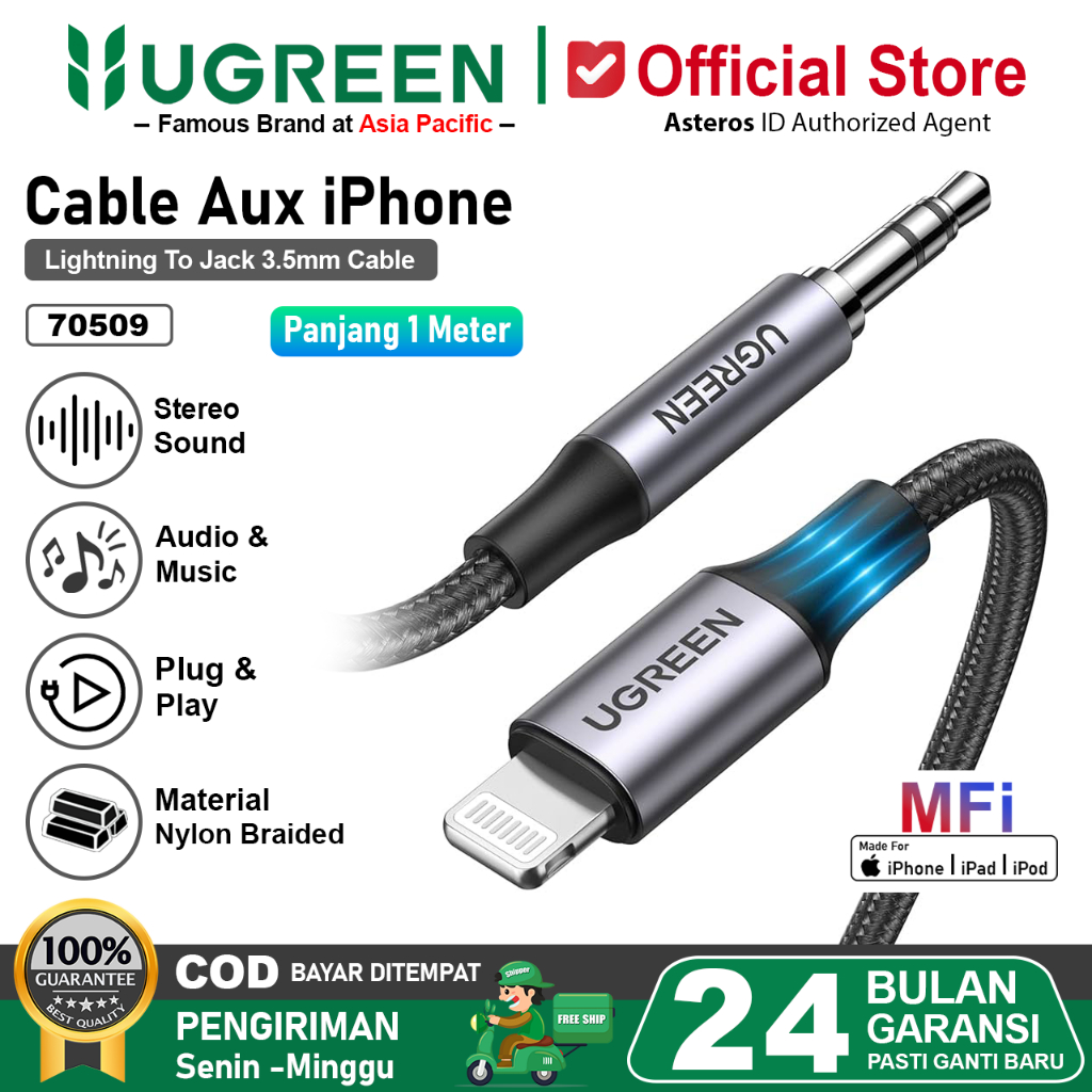 UGREEN Kabel Aux iPhone Lightning MFi to 3.5mm Audio Converter Support Open Mic 70509