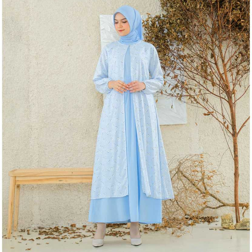 RILLEY - Gamis Desinta | Gamis Warna Biru Bahan Adem | Kombinasi Bahan Katun & Poplin & Rayon Slup