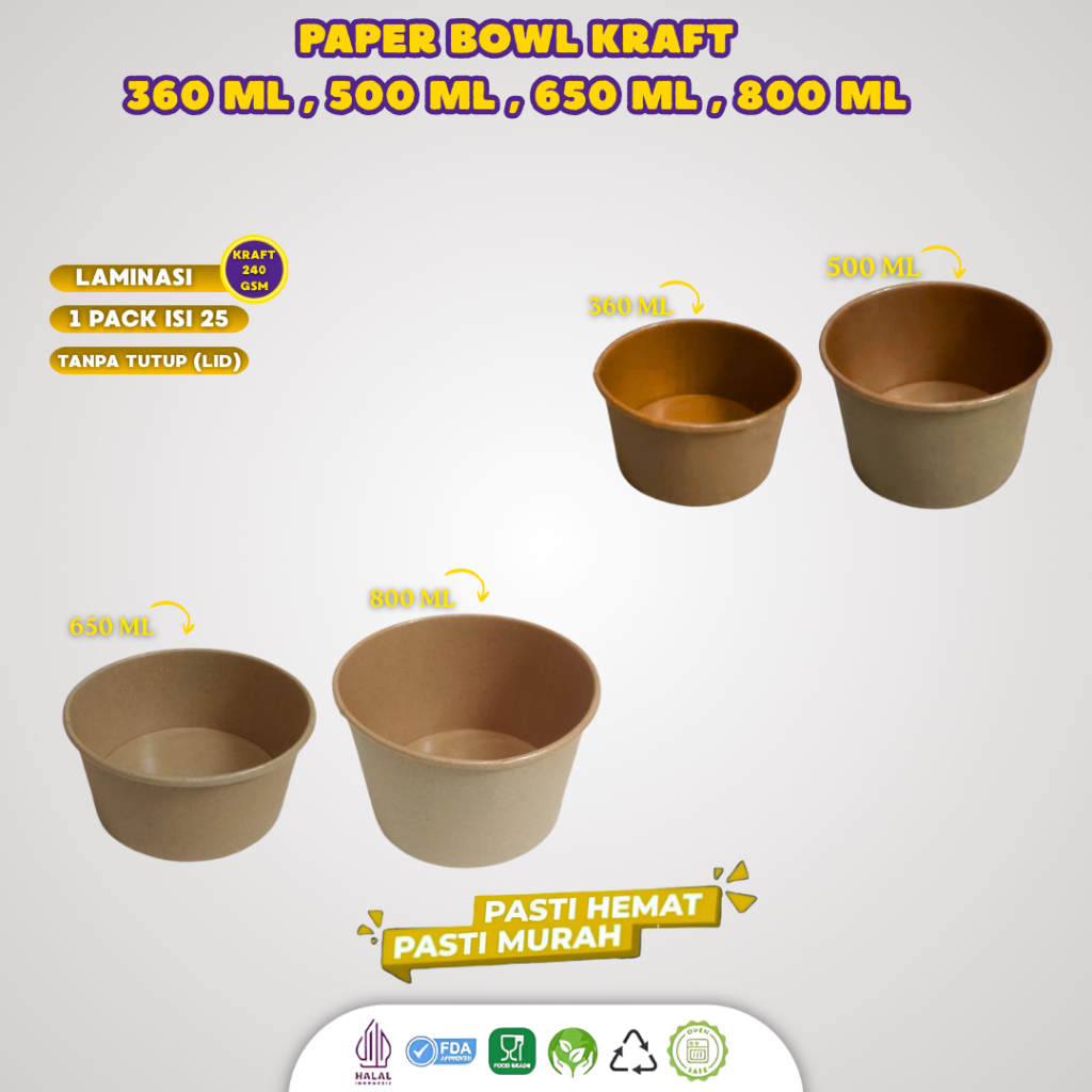 (25 Pcs) Paper Bowl 800ml Food Grade / Rice Bowl Kraft Laminasi / Paper Bowl Food Grade / Mangkuk Ke