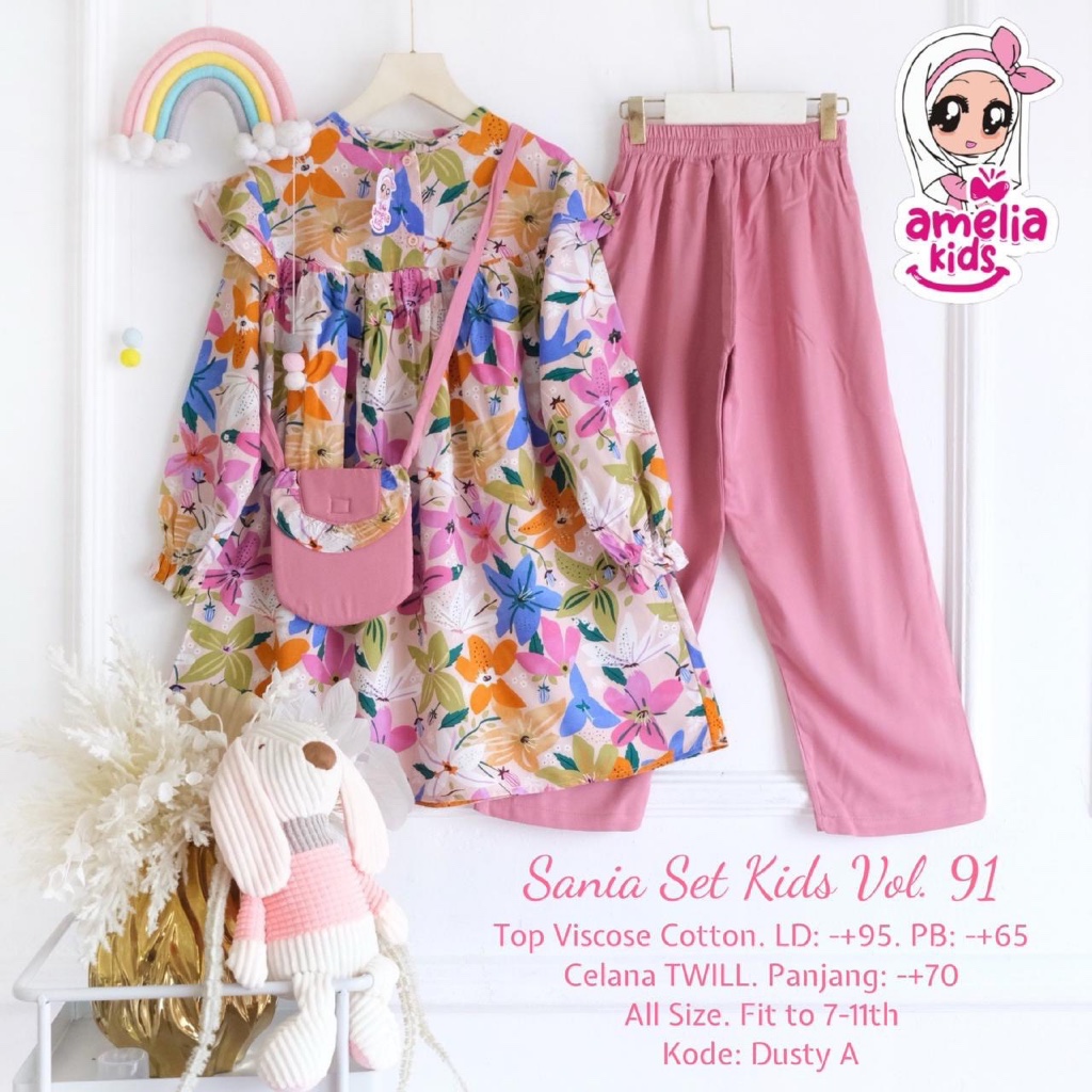 Sania - Setelan Baju Blouse Tunik dan Celana Kulot Panjang Anak Perempuan Free Tas by Amelia Kids