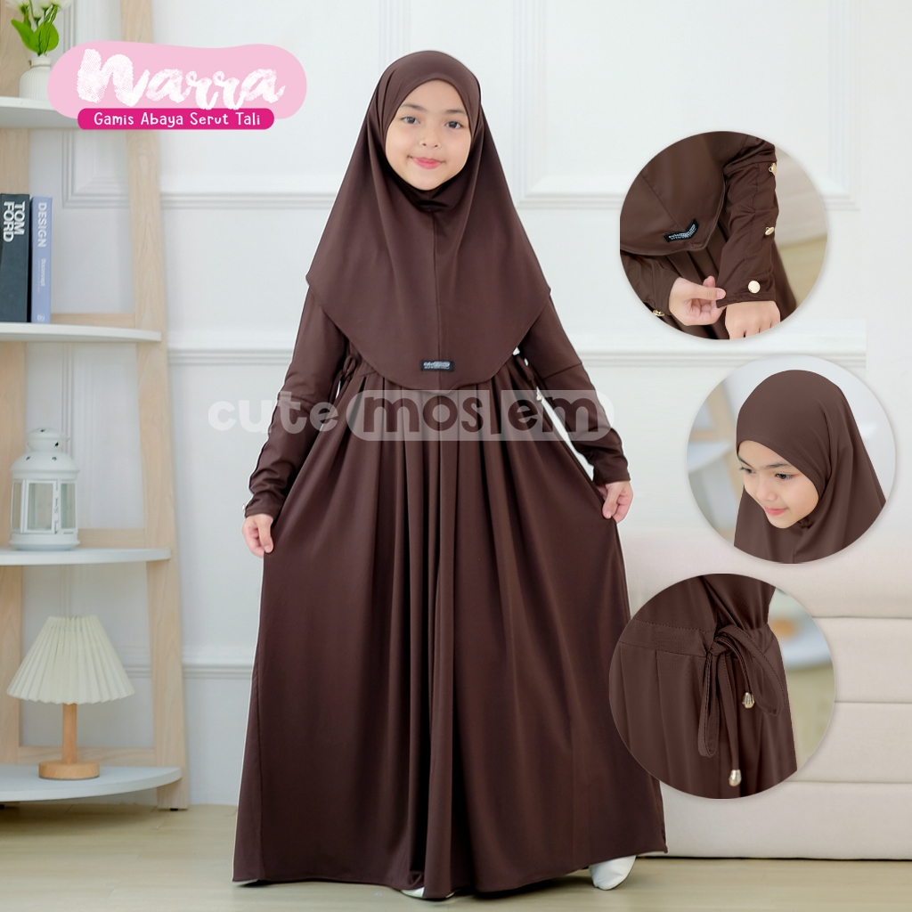 Cutemoslem Narra-Gamis Set Jilbab Gamis Abaya Anak Inara Serut Pinggang Jersey Lembut Adem Usia 0-7 
