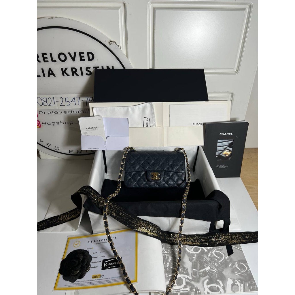 nego preloved 2023 Chanel mini classic handbag caviar navy GHW authentic