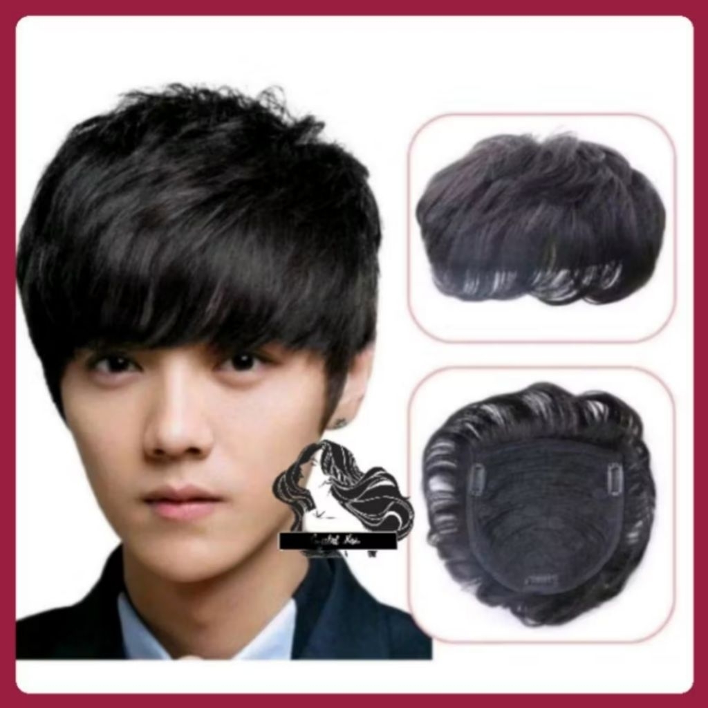 Wig Penutup Botak Pria/Toupee Penutup Botak Pria Warna Hitam Rambut Pendek