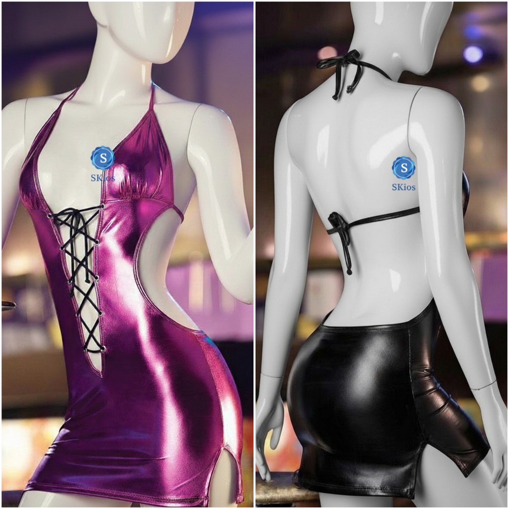 Lingerie MIni Dress Kostum Cosplay PU Leather Costume Tight Skirt Dress + G String L384