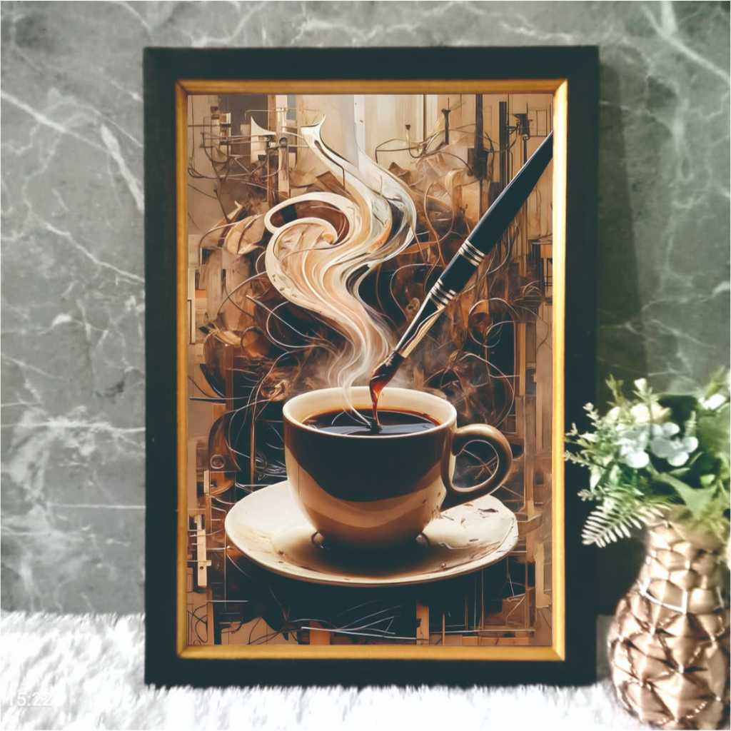 Hiasan Dinding Lukisan Cetak Cangkir Kopi Plus Figura 65 cm x 45 cm Flexy Mika Kayu