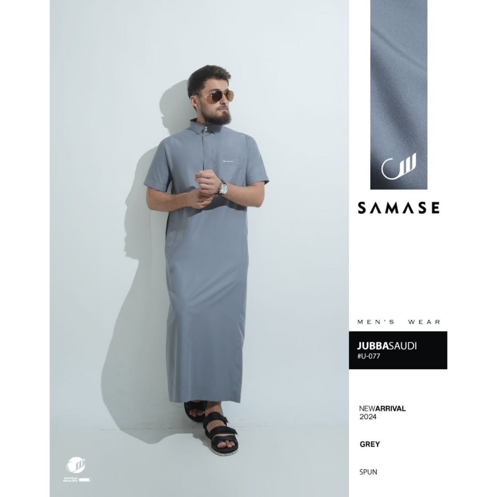 SAMASE Jubba Saudi U077 Jubah Ghamis Slim Pakaian Pria Muslim Dewasa Lengan Pendek Samase Official