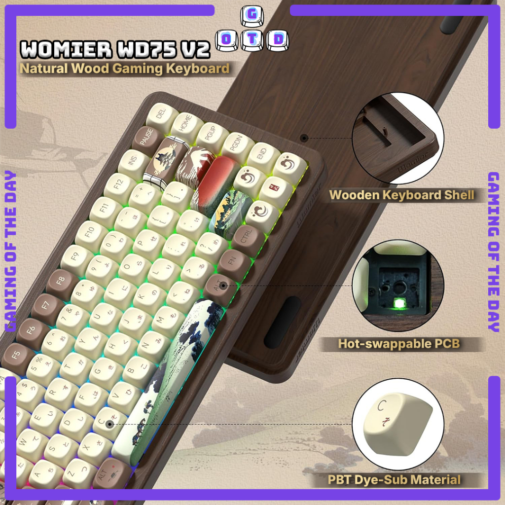 Womier WD75 V2 Ukiyo E Walnut Wooden Mechanical Keyboard 75% Wireless support VIA Tray Mount MOA pro