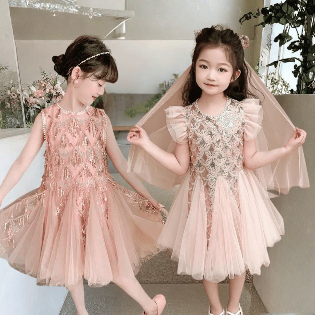[KIDSFASHIONKOLEKSI] 1009 & 1139 Dress Prisha Payet Pink Salem Manik Rumbai & Tiffany Rose Gold Pink