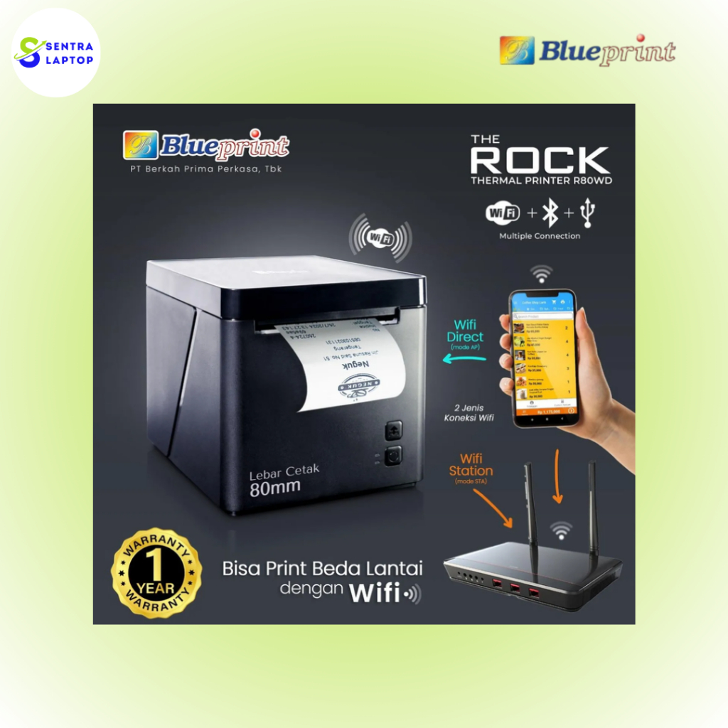 Thermal Printer / Printer Struk / Printer Kasir Desktop 80mm BLUEPRINT R80WD - WiFi + Bluetooth + US