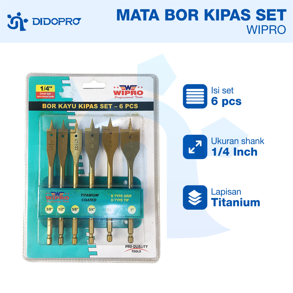 Mata Bor Kayu Kipas Set 6 Pcs Wipro Flat Wood Drill Bit mata Bor Kayu