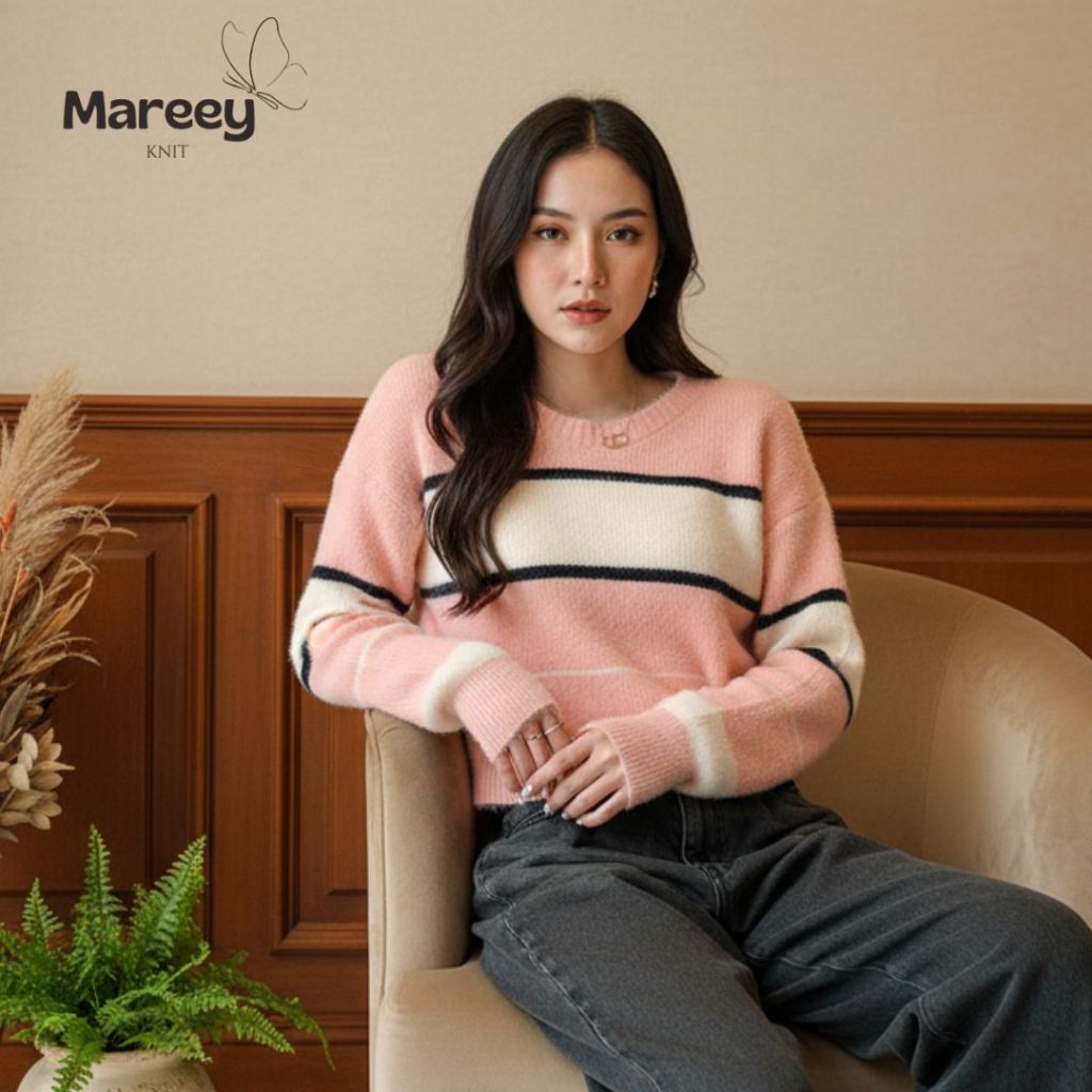 Mareey - Agatha Sweater Wanita Crop Bulu Halus Salur Knit Premium (XCG)