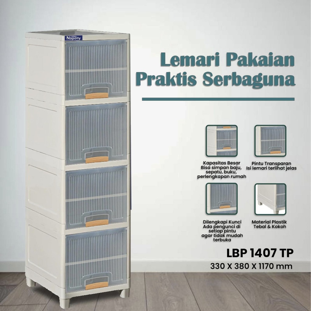 Napolly Locker Box & Lemari Plastik LBP 1407 TP 4 Susun 7 Sekat – Lemari Penyimpanan Pakaian Mainan 