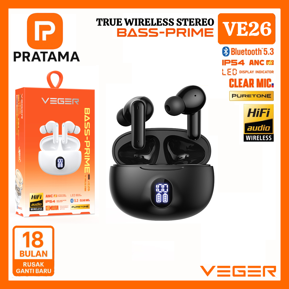 Veger VE26 TWS Earphone Bluetooth 5.3 ANC Noise Cancelling Bass Prime IP54 Garansi 18 Bulan