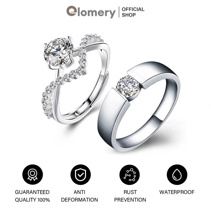 Elomery Cincin Pasangan Mewah Niche Cincin Berlian Mewah Ringan Cincin Berlian Imitasi Terbuka