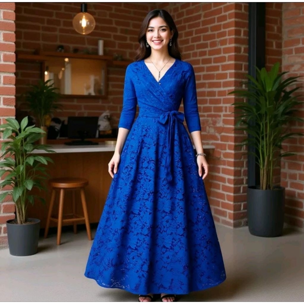 ICA 2 - GAMIS BAJU MAXY BRUKAT LAPIS FURING JUMBO M L XL XXL 3XL 4XL WARNA POLOS BIREL BENHUR BIRU E