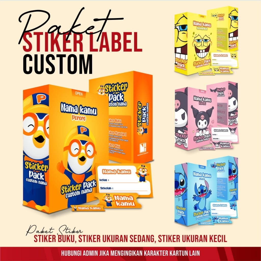 STIKER LABEL CUSTOM, PAKET STIKER LABEL BUKU, STIKER KOTAK NASI, STIKER PENSIL, STICKER PACK, STIKER